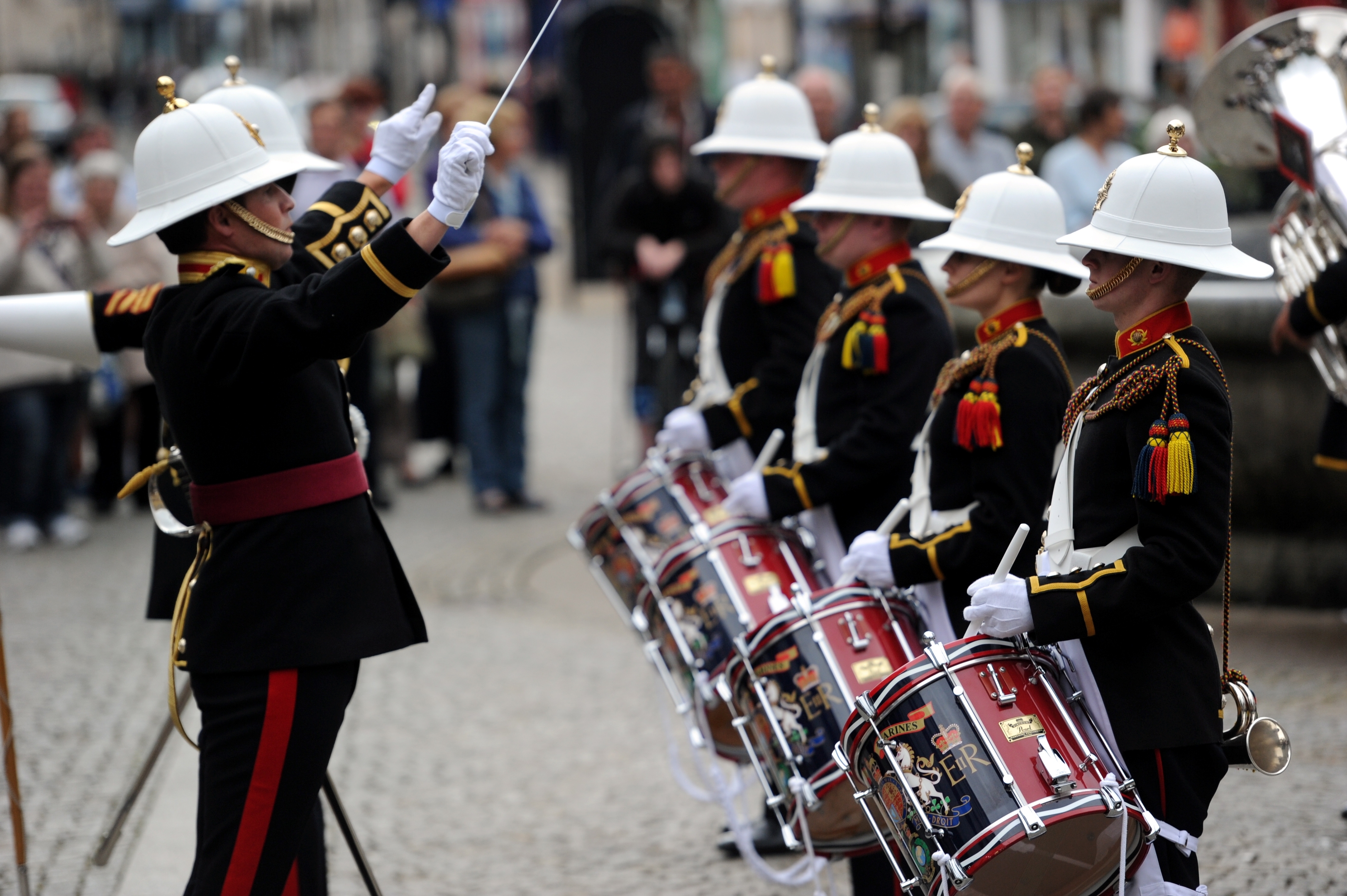 The band of the Royal Marines Scotland paraded up Elgin High Street to the Plainstones wher they were met by The Lord Lieutenant of Moray, Lt Col Grenville Johnston, Council Convenor Allan Wright, and Gen Seymour Monro. 