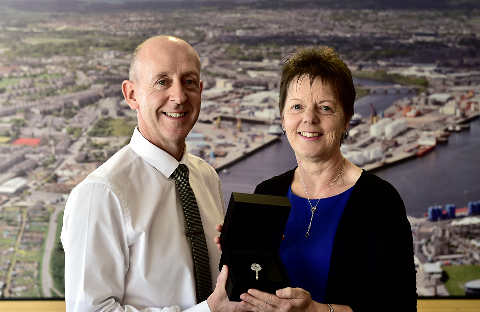 Doris Senff long service award and retirement from Aberdeen Journals, Doris is pictured with Head of Newspaper Sales Neil Mackland.