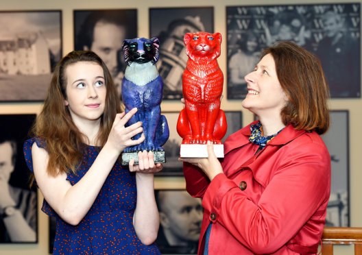 Mother and daughter Fiona and Anna Swapp with the cats they painted at the launch of the Cat Parade, with 100 painted Kelly's Cats statues on show at Waterstones, Union St.