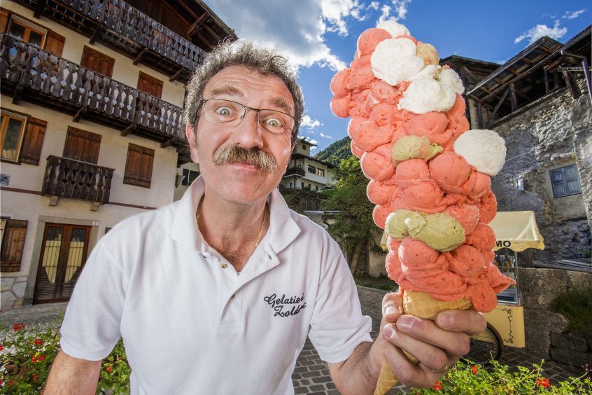 Most ice cream scoops balanced on a cone by Dimitri Panciera from Dont, Italy.