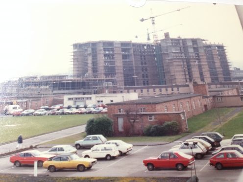 The distinctive Raigmore tower under construction circa 1982