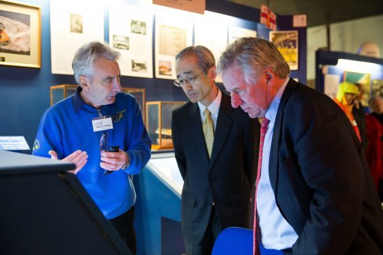 Tuesday 18th October  2016, Aberdeen, Scotland. Malcolm McKillop, author of The Glover trail in North-East Scotland and Nobuyuki Hirano, president of Mitsubishi UFJ Financial Group Inc. and chairman of the Japan Banking Association, Martin Gilbert, Chief Executive of Aberdeen Asset Management PLC  visits the Glover exhibition  at the Fraserburgh Heritage Centre


(Photo: Ross Johnston/Newsline Media)