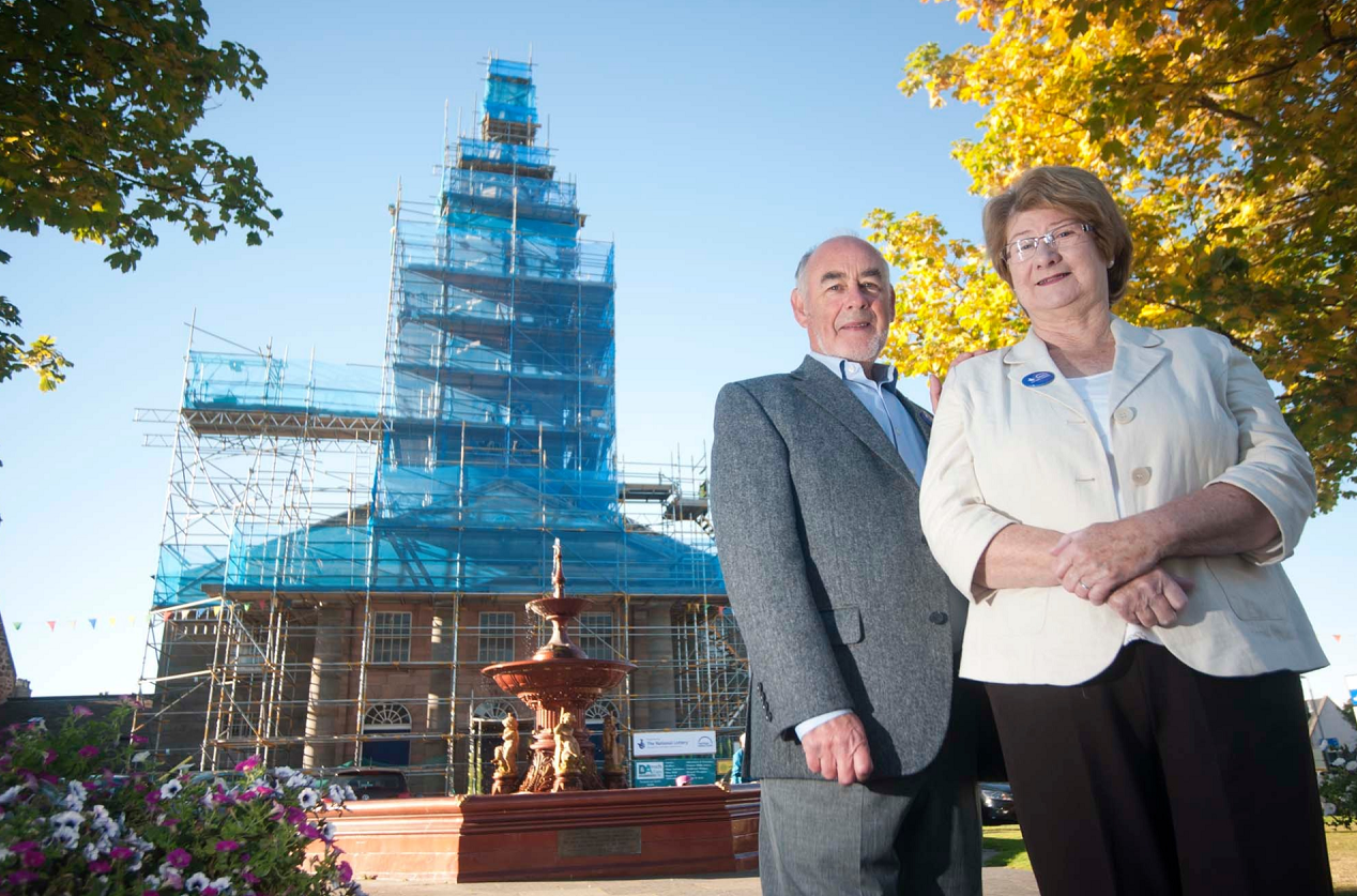 Bellie Church, Fochabers is being refurbished thanks to Heritage Lottery Fund money and fundraising. Pictured: George McIntyre and Joan Jones from the tower team.