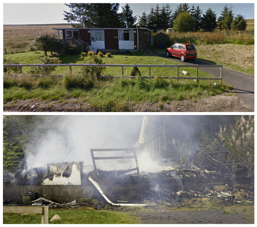 The cabin before and after the blaze