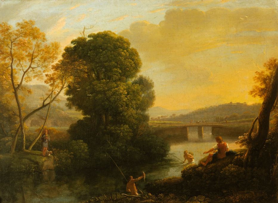 Lorrain, Claude 1604–1682 (attributed to) A Pastoral River Landscape with Fishermen - before conservations