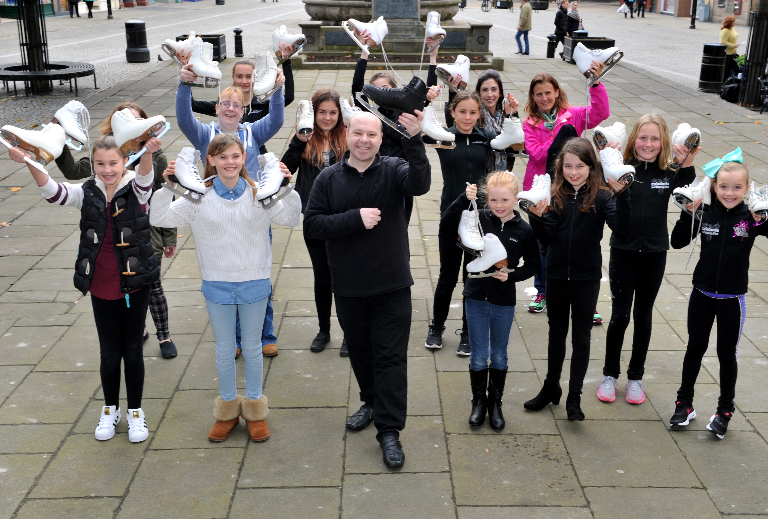 Jon Belhari and members of the Caledonia Ice Skating Club, prepare for an extravaganza of ice skating on the Plainstones in Elgin High Street, this winter.