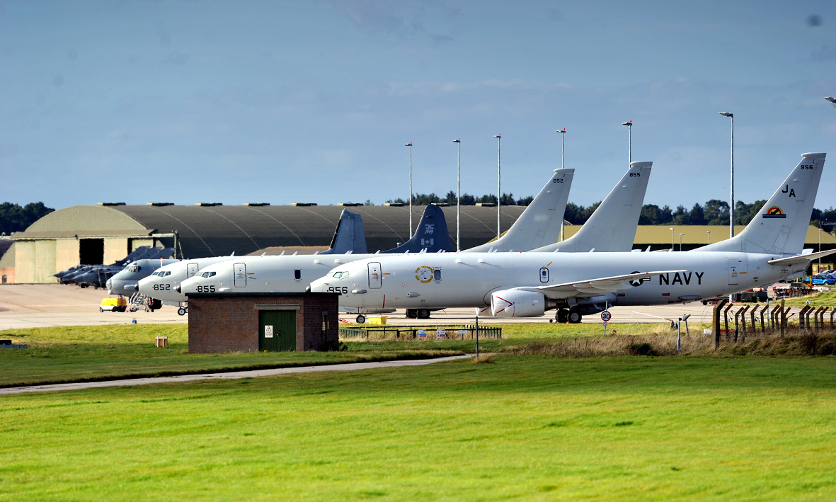 Poseidon P-8 aircraft lined up at RAF Lossiemouth