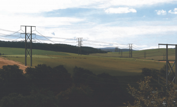 An artist impression of the power lines by SSEN from Milltown of Auchindoun looking west.