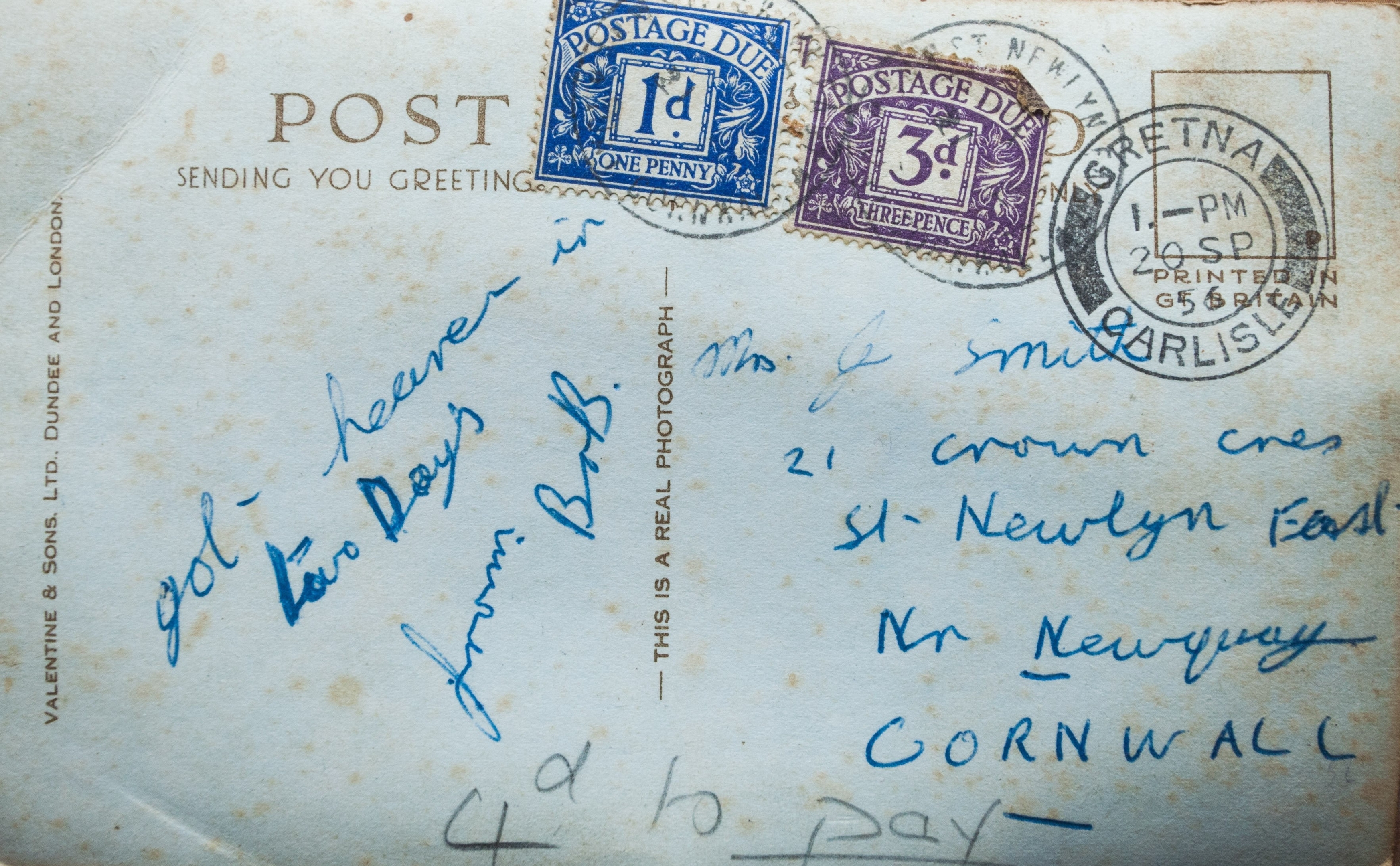 This is the postcard that Bob  Smith sent to his mother after he arrived in Scotland, before to get married to Jean. 
