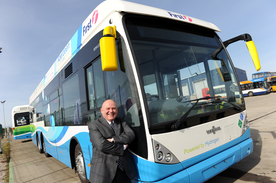 Councillor Barney Crockett with one of Aberdeen's eco-friendly hydrogen buses
