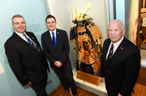 (from left) North East MSPs Alex Johnstone and Ross Thomson at Aberdeen Maritime Museum with international Karate legend, Ronnie Watt OBE, as he prepares for a visit to Japan.
