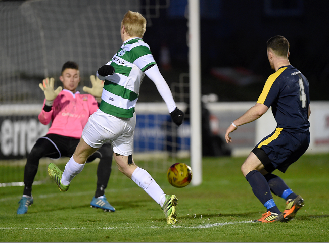Christopher Angus for Buckie puts a shot wide in the second half