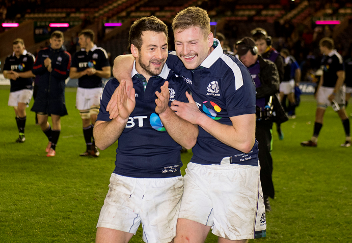 Scotland's Greig Laidlaw (left) with Finn Russell at full-time