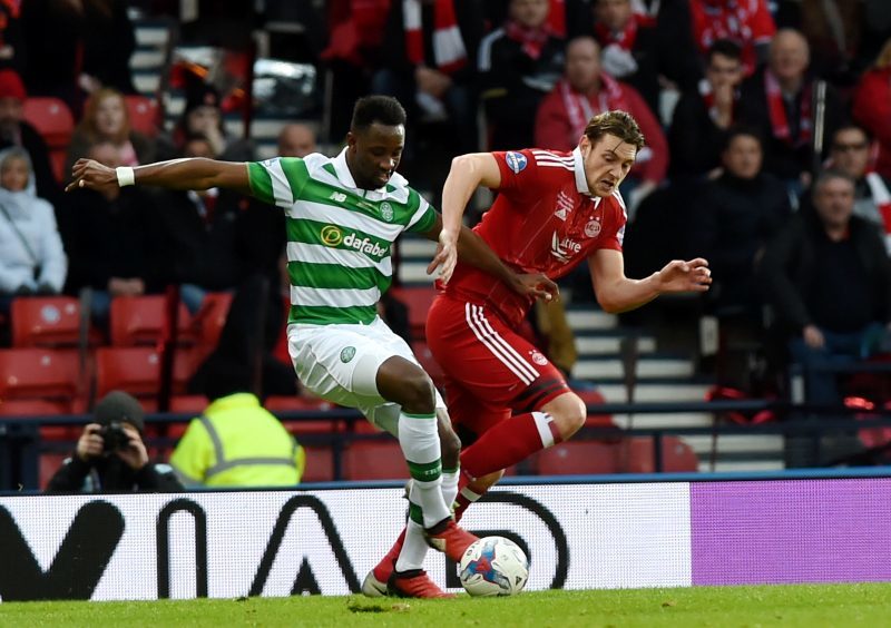 Betfred Cup final 2016 at Hampden Park.
Aberdeen (red) v Celtic (green).

Picture of (L-R) Moussa Dembele and Ash Taylor.

Picture by KENNY ELRICK     27/011/2016