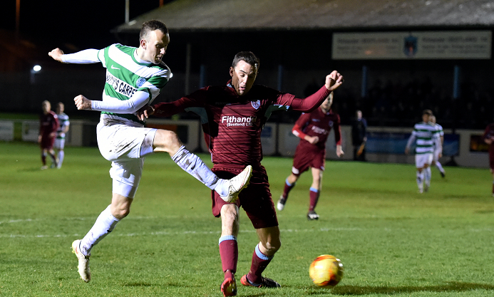 Keith FC v Buckie FC at Kynoch Park, Keith. In the picture Buckie's John McLeod shoots at goal. Picture by Jim Irvine