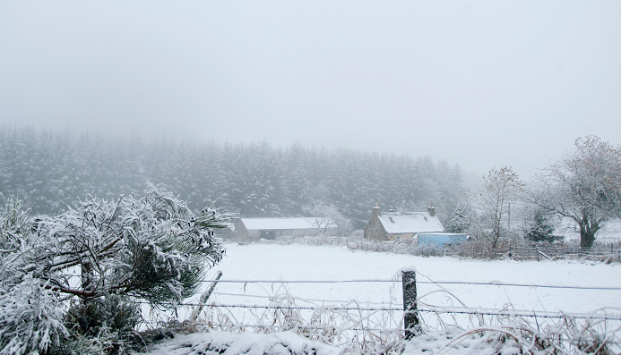 Snow covers a farmhouse near Ley, Aberdeenshire.