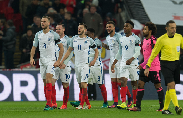 Adam Lallana of England celebrates his goal during the FIFA World Cup Qualifier between England and Scotland at Wembley Stadium, London, England. Picture: Ian Sneddon/Universal News And Sport