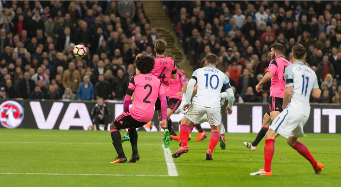 Daniel Sturbridge of England (hidden) scores the first goal for his team during the FIFA World Cup Qualifier between England and Scotland at Wembley Stadium, London, England. Picture: IanSneddon/Universal News And Sport
