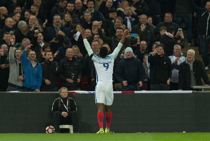 Daniel Sturbridge of England celebrates scoring the first goal for his team  during the FIFA World Cup Qualifier between England and Scotland at Wembley Stadium, London, England. Picture: IanSneddon/Universal News And Sport