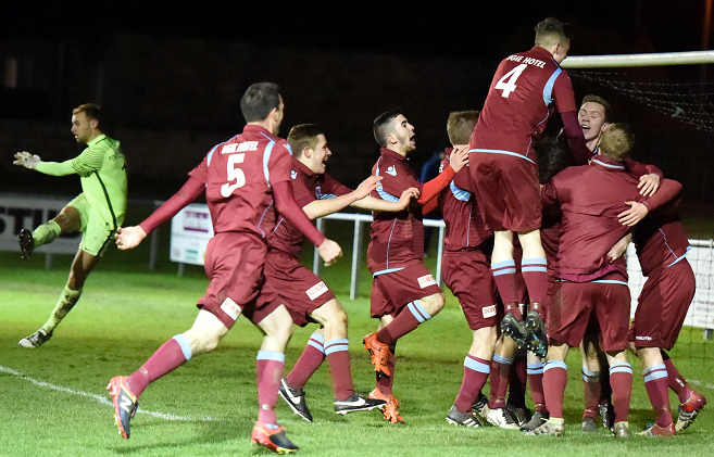 Keith players celebrate Luke Barbour's winner (Jim Irvine)