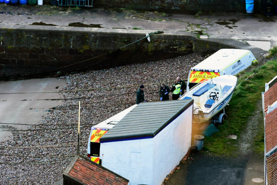 Ambulance crews at Pennan Harbour (Pic by Duncan Brown)