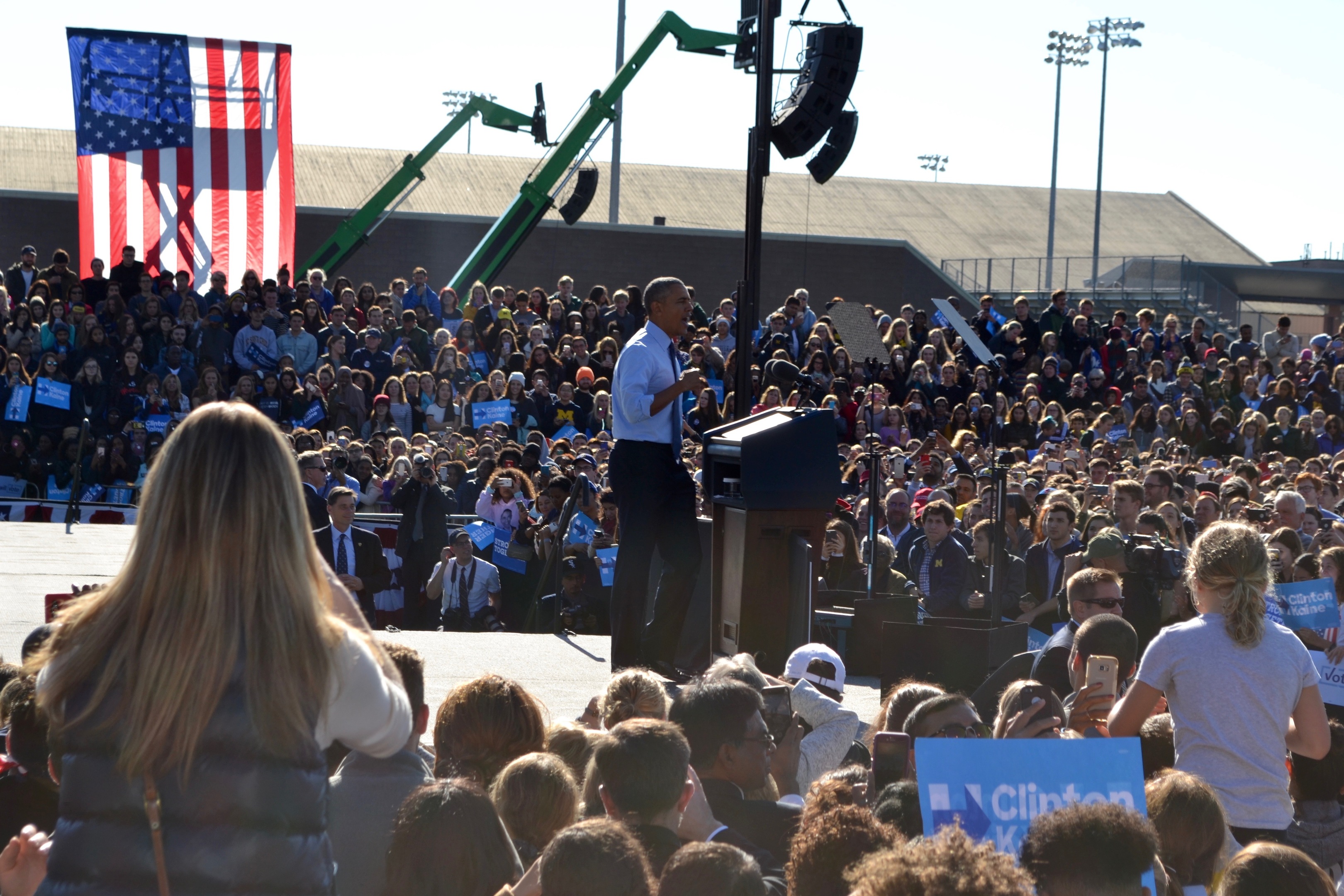 Barack Obama campaigns for Hillary Clinton at the University of Michigan in Ann Arbor.