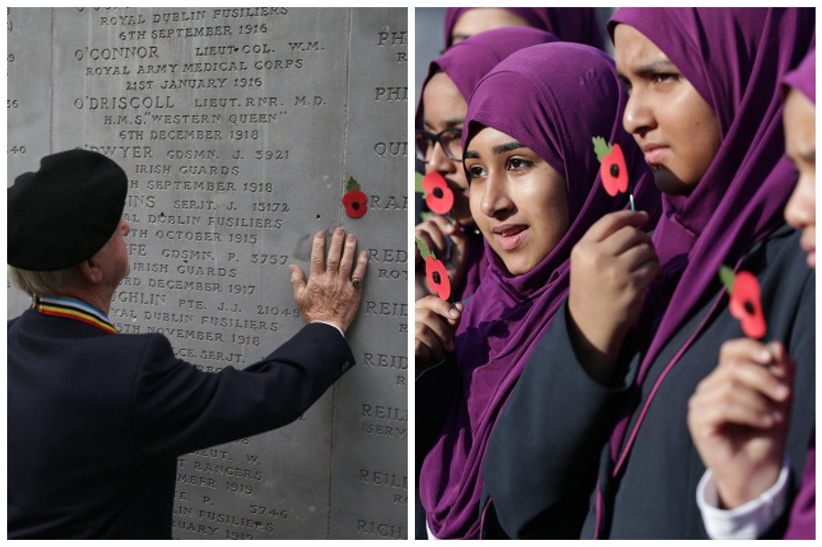 Gerry Crozier, 2nd Royal Tank Regiment, touches a memorial wall (left ) and Pupils from Eden Girls' School in Waltham Forest (Brian Lawless/Yui Mok/PA Wire)