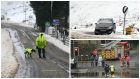 Heavy snow and freezing conditions started the day in the village of Wanlockhead in Dumfries and Galloway, while torrential downpours caused flash-flooding and travel chaos south of the border.