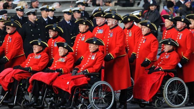 Veterans parade during the annual Remembrance Sunday service at the Cenotaph memorial in Whitehall, central London.
