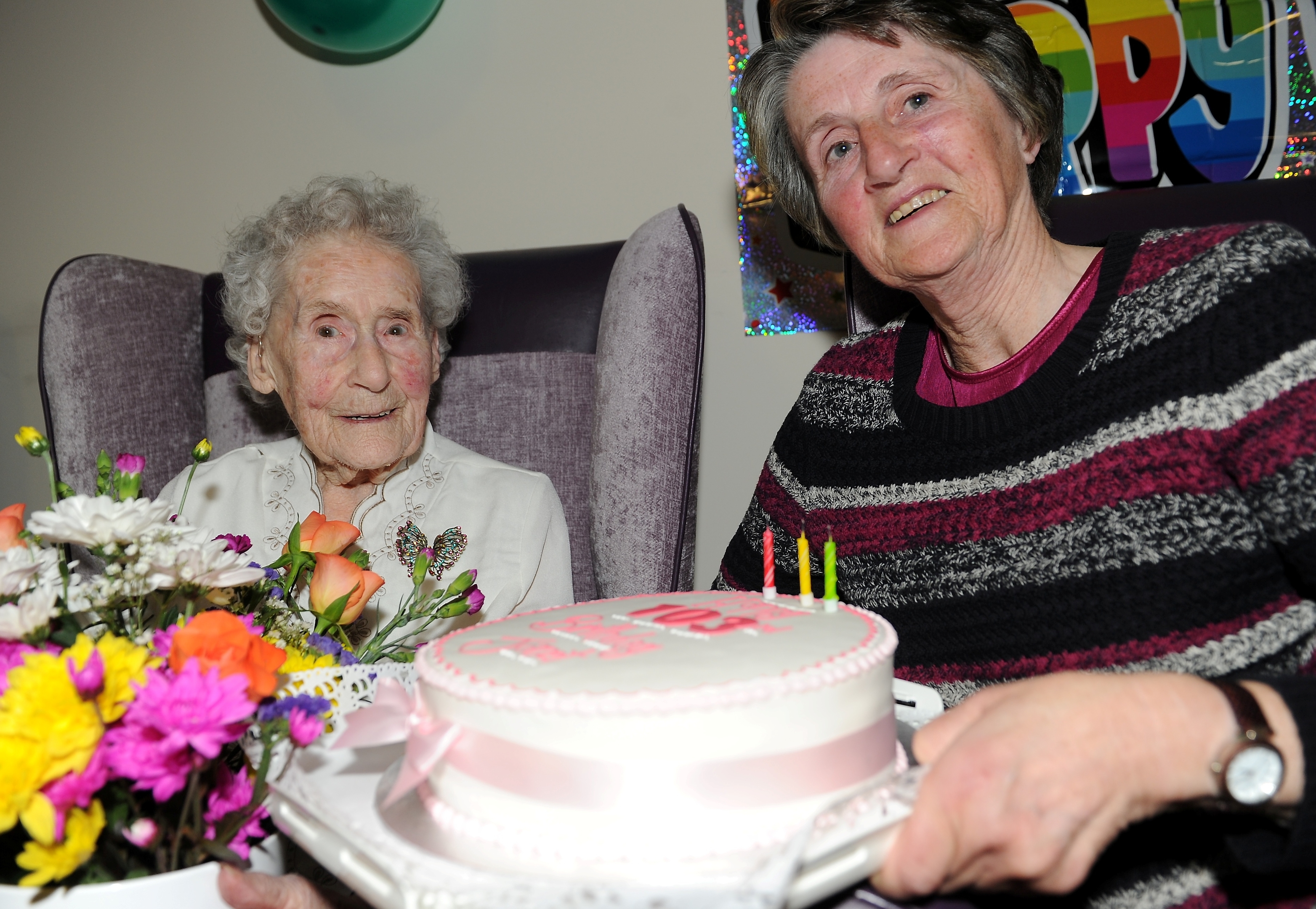 Picture by SANDY McCOOK   4th November '16 Janet Snodgrass of the Mandaville Care Home in Inverness celebrates her 103rd birthday yesterday with family, friends and fellow residents.  Also in the photograph is her daughter Carolyn Kerr.