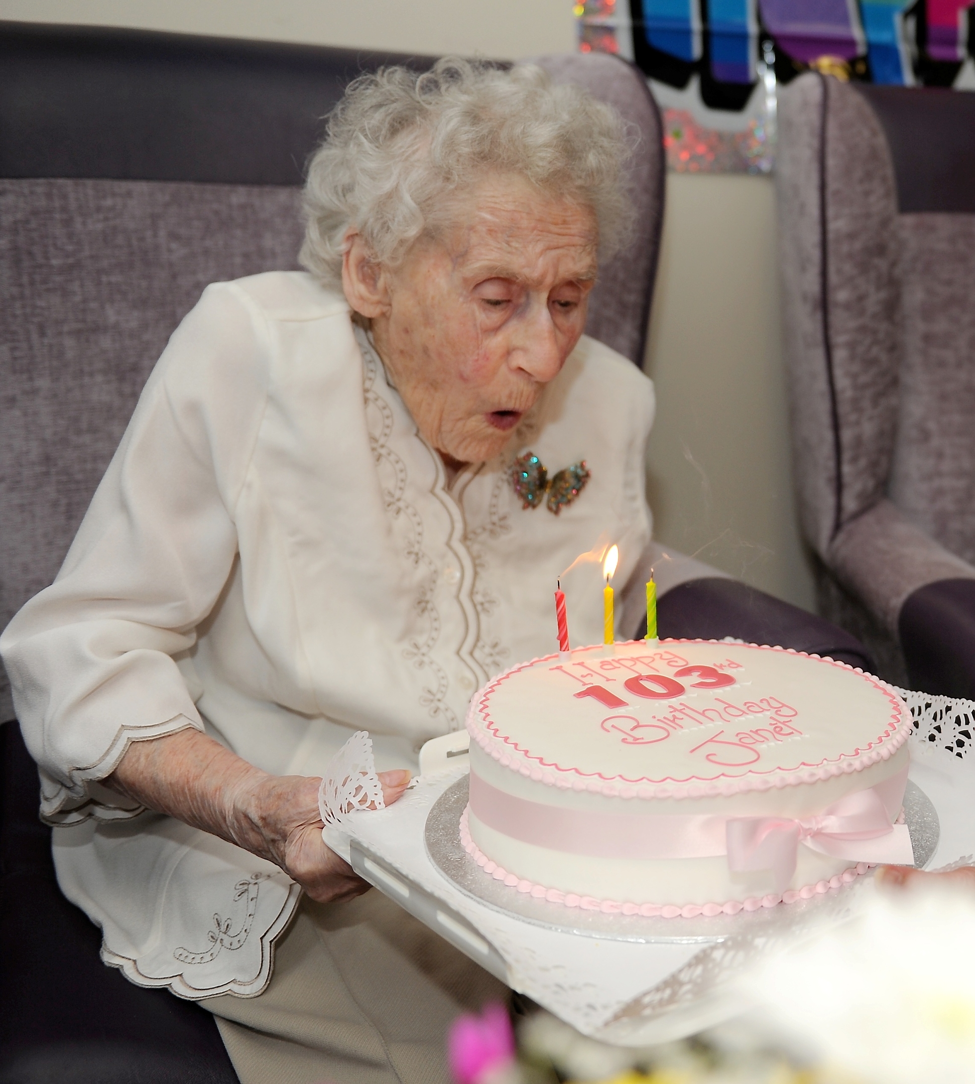 Picture by SANDY McCOOK   4th November '16 Janet Snodgrass of the Mandaville Care Home in Inverness celebrates her 103rd birthday yesterday with family, friends and fellow residents.