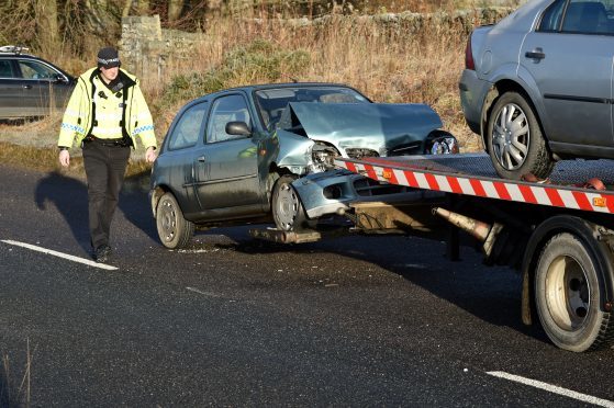 A two vehicle accident on the A944 outside Elrick