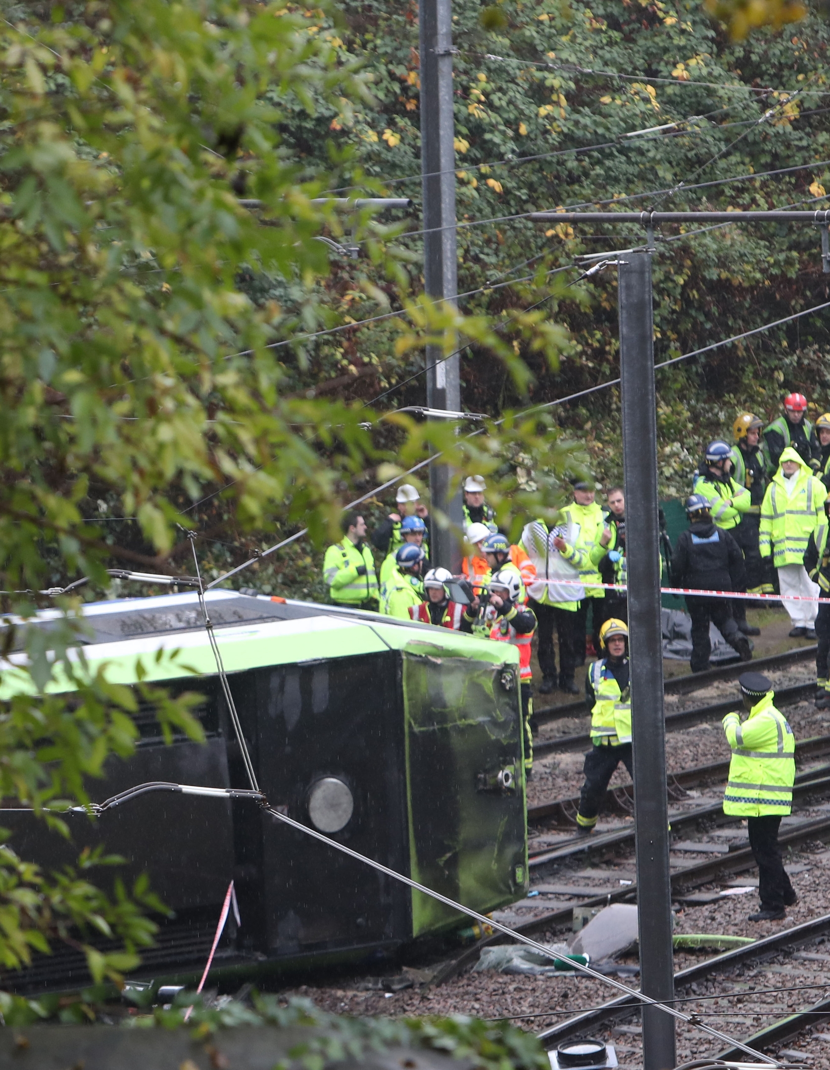 The scene after a tram overturned in Croydon, south London