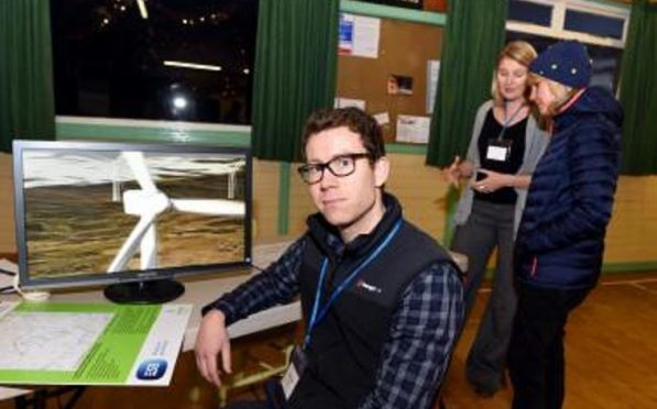 James Baird of Coriolis Energy at the Glendye wind farm exhibition, Strachan Village Hall