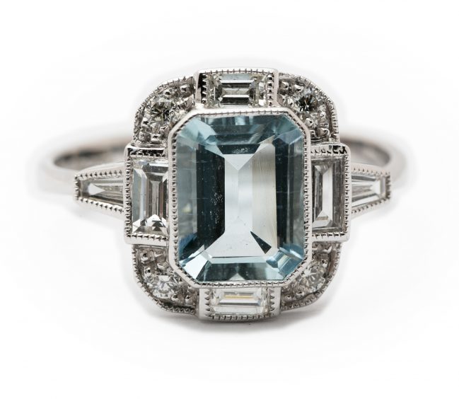 Art deco style 18ct white gold ring with an octagonal aquamarine £1875