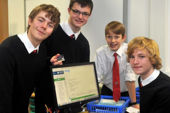 S3 pupils from Elgin Academy came first in a competition for computer coding. L-R: Matthew Hamilton, James Orr, Daniel Campbell, and Adam Govier.