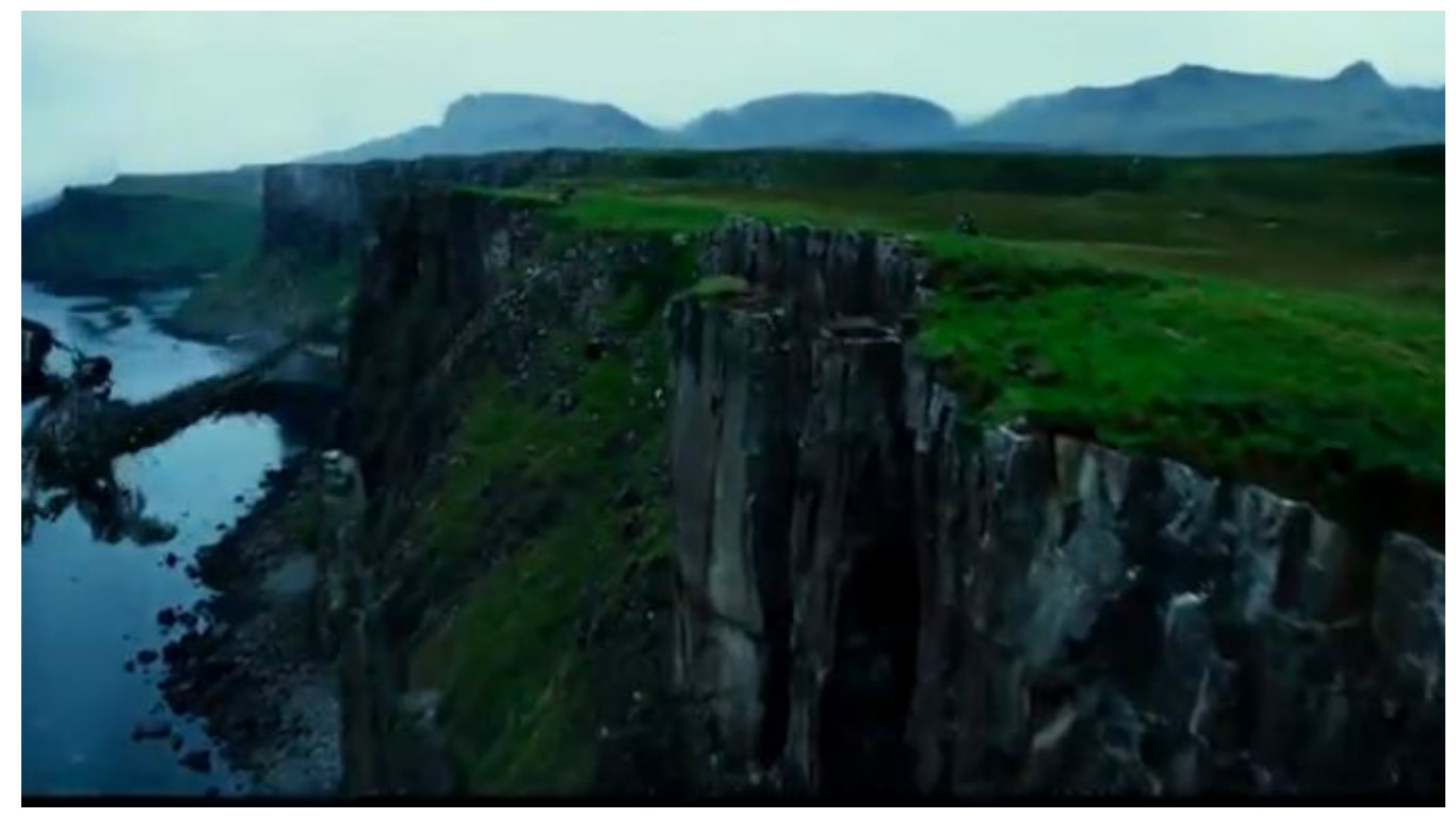 Early on in the trailer a dragon-like creature can be seen soaring high over some green land - that looks a lot like The Quiraing on Skye.