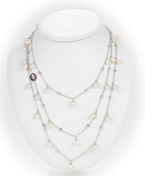 Rhodium plated silver necklace with pearls white topaz and angel cameo £225