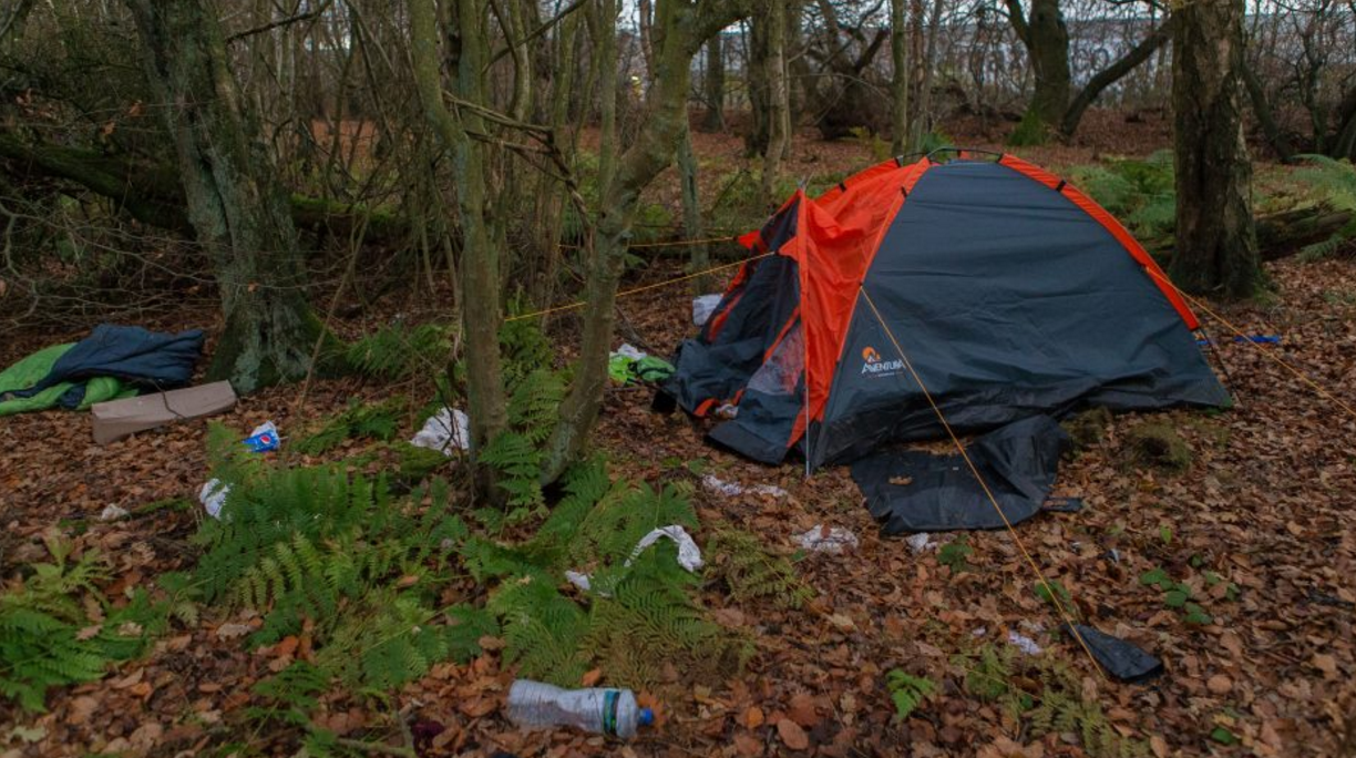 Workers have taken to living in tents near the Amazon warehouse in Dunfermline