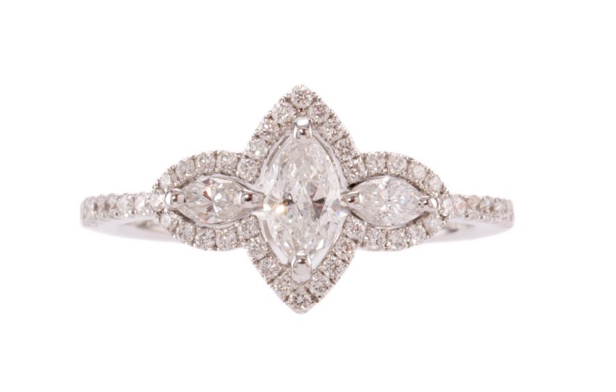 Striking modern 18ct white gold halo marquise ring £4600