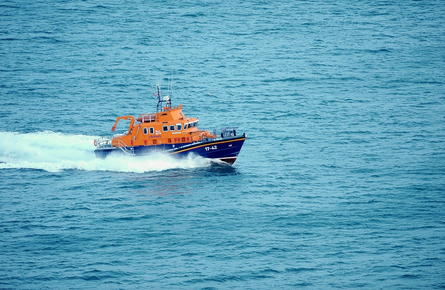 Thurso lifeboat out at sea, the crew were tasked to reports of a red flare in Dunnet Bay.