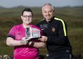 Dundee United supporter Tommy McKay is pictured with Dundee United manager Ray MacKinnon (right) after the fan is awarded the Ladbrokes Championship Goal of the Month award for November