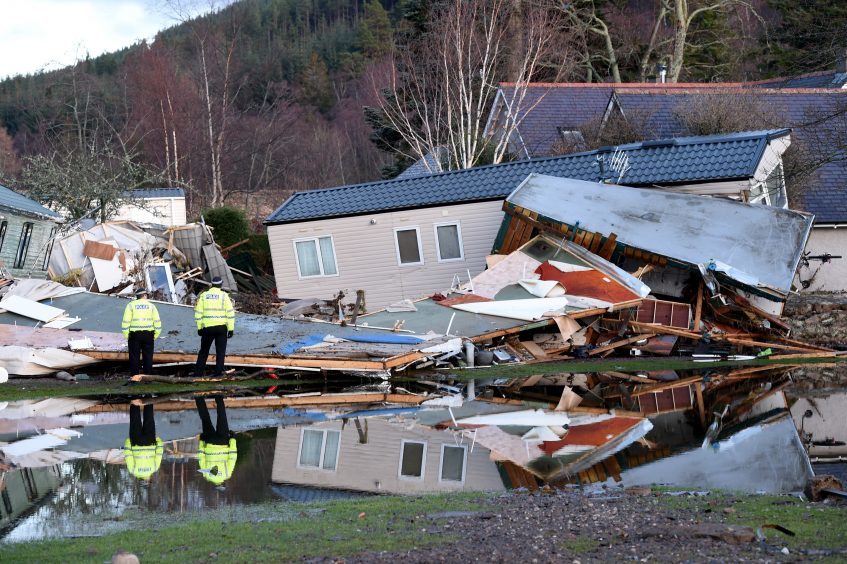 Flood damage at Ballater after the River Dee burst its banks flooding the town.