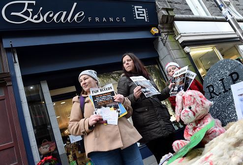 co-founders of Say No Fur, Suz Reid and Fiona Melvin outside Escale France, George Street.