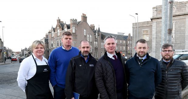 In the picture are from left: Judy Whyte, Mitchells Dairy: Whyte, Mitchells Dairy: Trevor Booth, Booths: cllr Colin Clark: John Davidson, Davidson Butcher and Barry Gibb, Gibbs Meanswear.