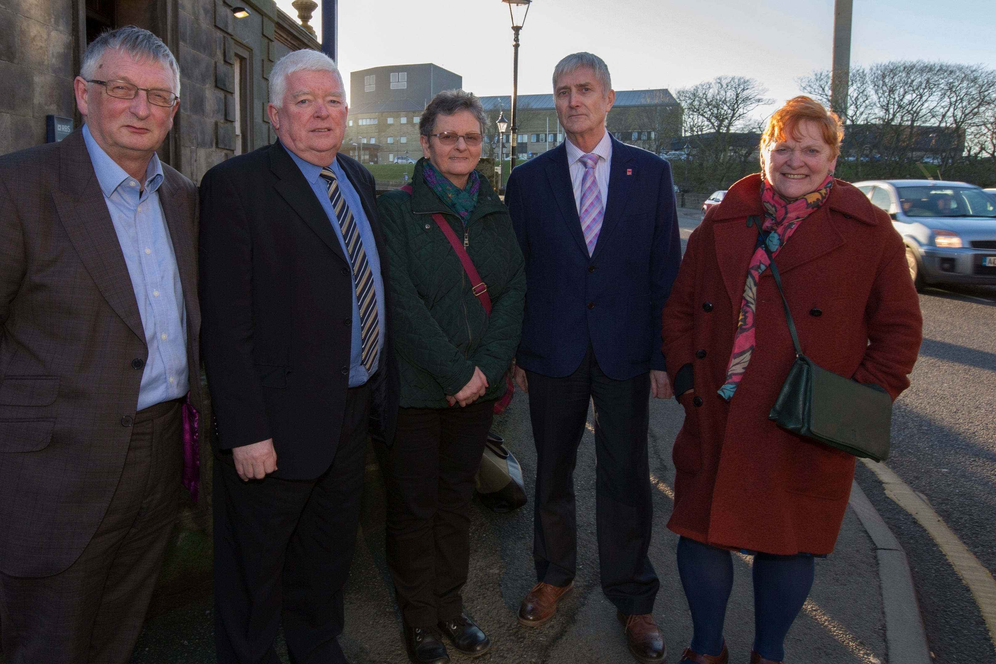 Following their private meeting in Wick are, from left, David Alston, chairman NHS Highland, Councillor Bill Fernie, chairman of CHAT Liz More, CHAT member, Councilor Roger Saxon, chairman Highland Council's Caithness area committee and Councillor Margaret Davidson, convenor of Highland Council, with Caithness General Hospital in the background.