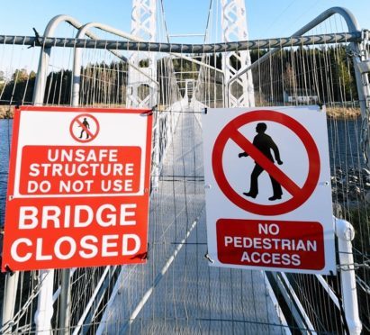 Polhollick footbridge at Bridge of Cairn, Ballater, which is still closed after being damaged by Storm Frank.