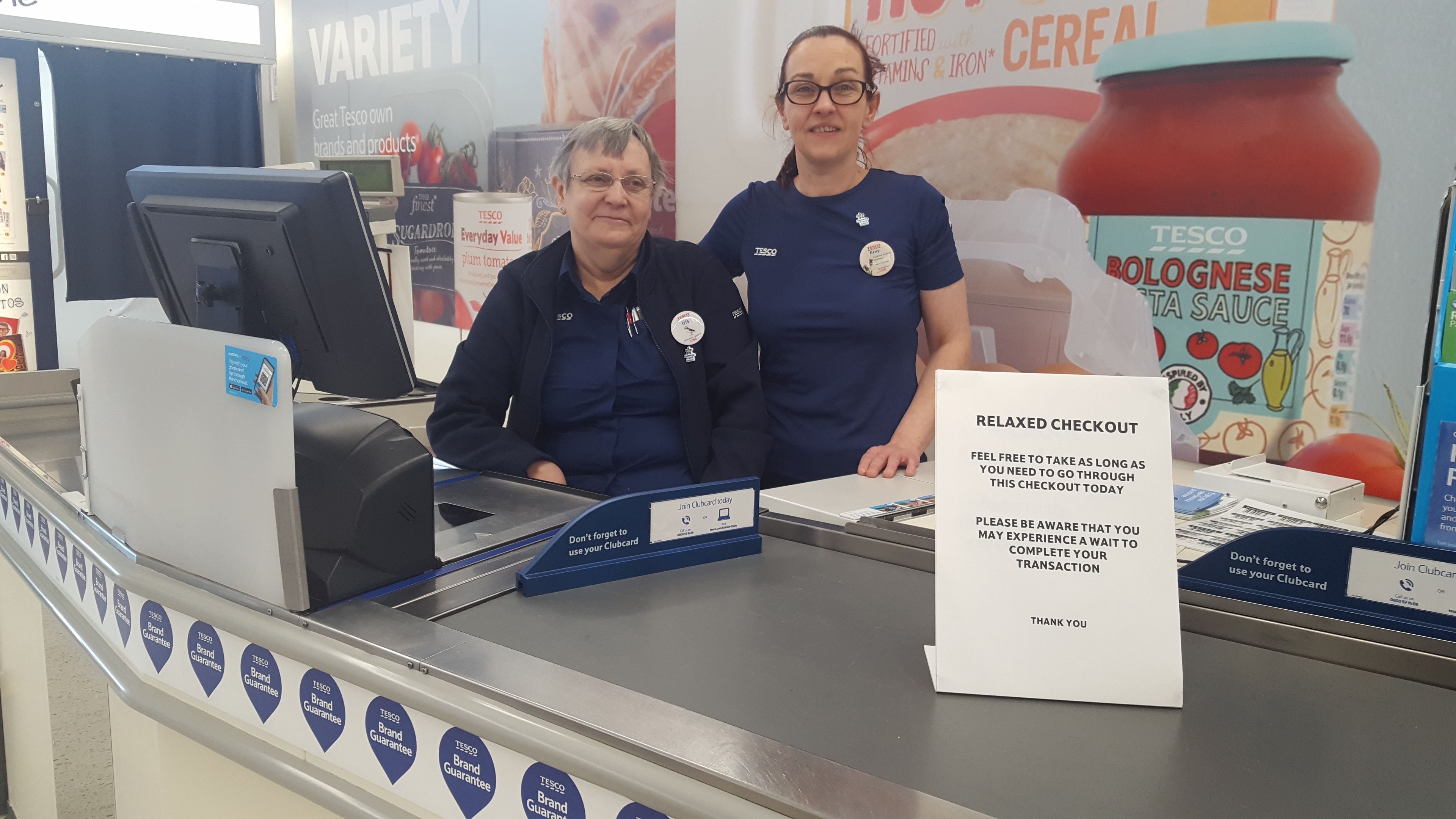 Tesco checkout staff Iris Beveridge(L) and Kerry Speed(R)  in Forres,