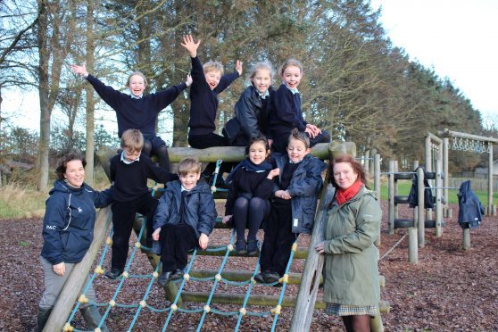 The first year two intake at Gordonstoun Junior School with classroom assistant Karen MacPherson, left, and teacher Phoebe Csenki, right.