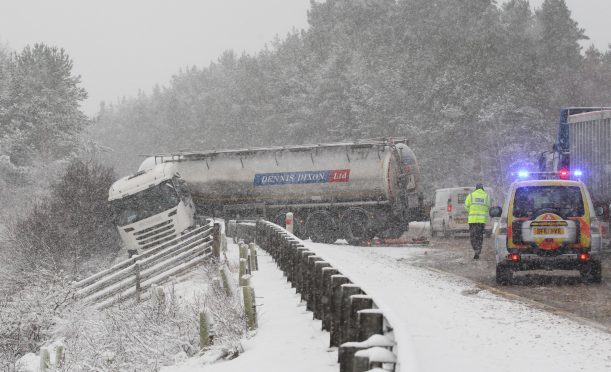 The lorry jack-knifed near Newtonmore in snowy conditions